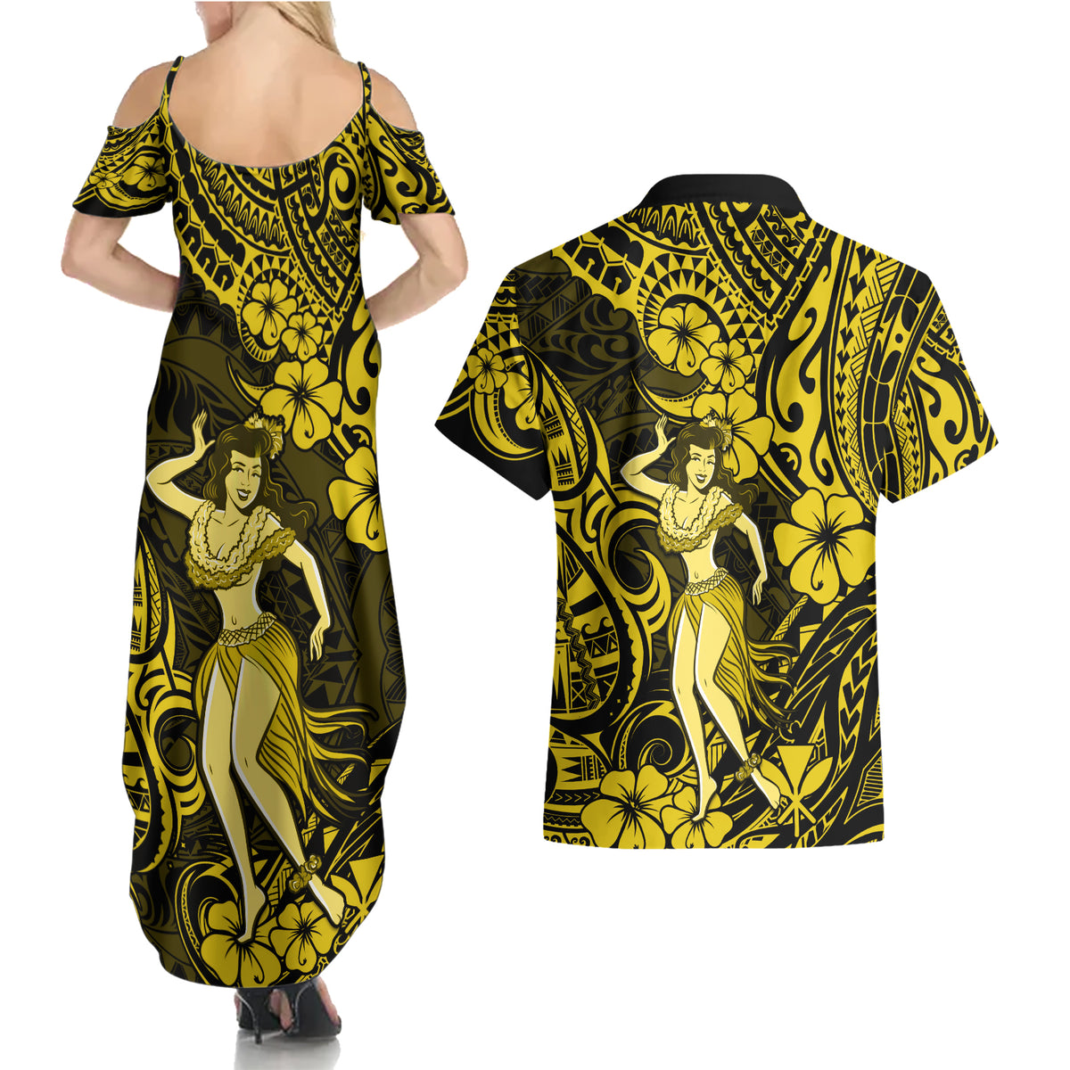 Hawaii Hula Girl Couples Matching Summer Maxi Dress and Hawaiian Shirt Hibiscus Hawaii Tribal Tattoo Yellow Version LT01 - Polynesian Pride