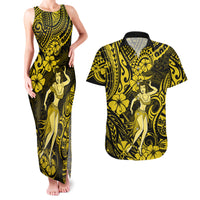 Hawaii Hula Girl Couples Matching Tank Maxi Dress and Hawaiian Shirt Hibiscus Hawaii Tribal Tattoo Yellow Version LT01 Yellow - Polynesian Pride