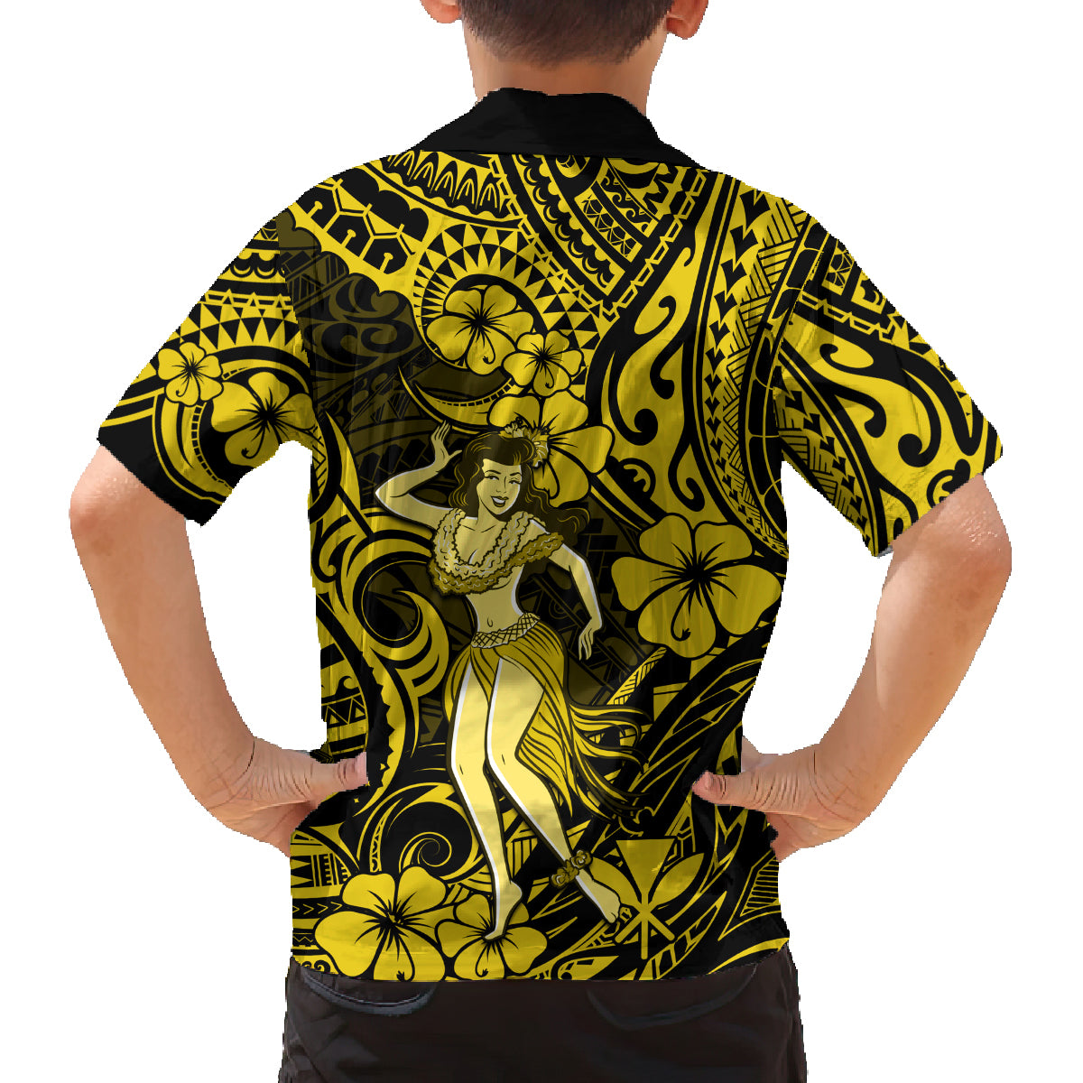 Hawaii Hula Girl Family Matching Long Sleeve Bodycon Dress and Hawaiian Shirt Hibiscus Hawaii Tribal Tattoo Yellow Version LT01 - Polynesian Pride