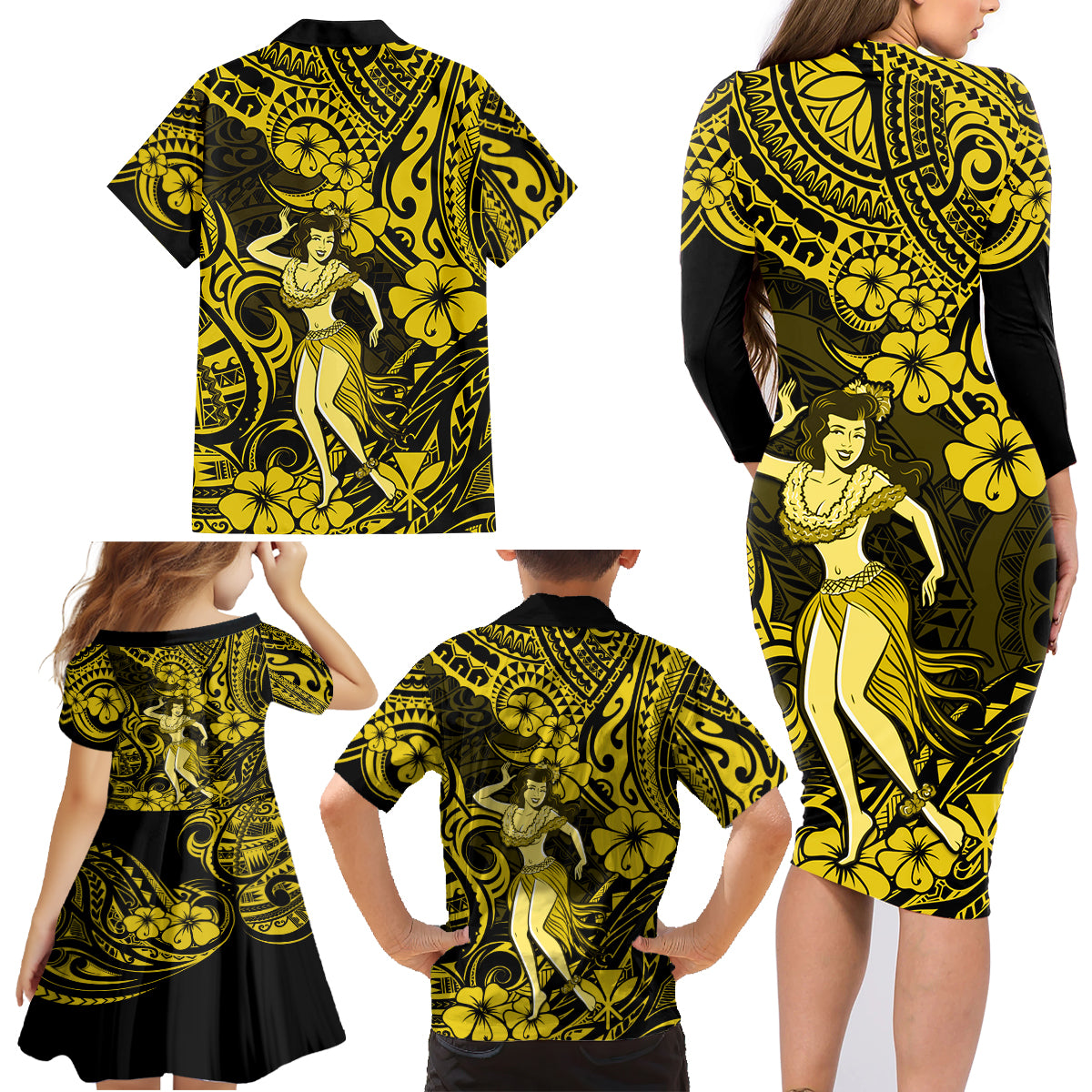 Hawaii Hula Girl Family Matching Long Sleeve Bodycon Dress and Hawaiian Shirt Hibiscus Hawaii Tribal Tattoo Yellow Version LT01 - Polynesian Pride