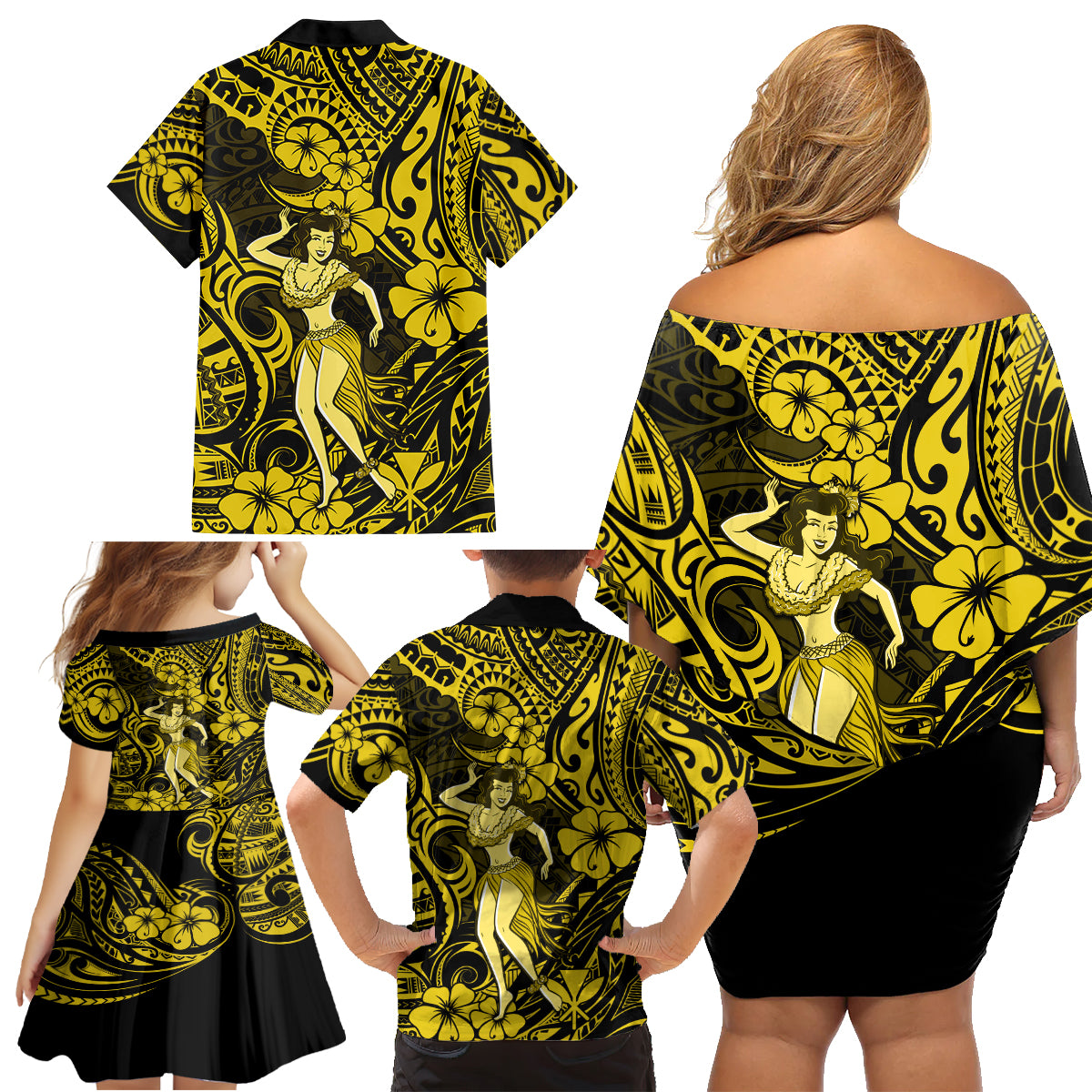 Hawaii Hula Girl Family Matching Off Shoulder Short Dress and Hawaiian Shirt Hibiscus Hawaii Tribal Tattoo Yellow Version LT01 - Polynesian Pride