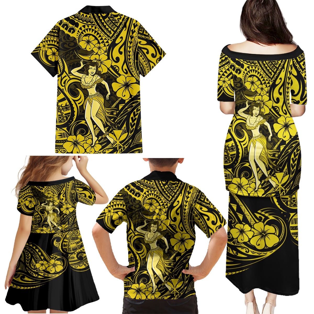 Hawaii Hula Girl Family Matching Puletasi Dress and Hawaiian Shirt Hibiscus Hawaii Tribal Tattoo Yellow Version LT01 - Polynesian Pride