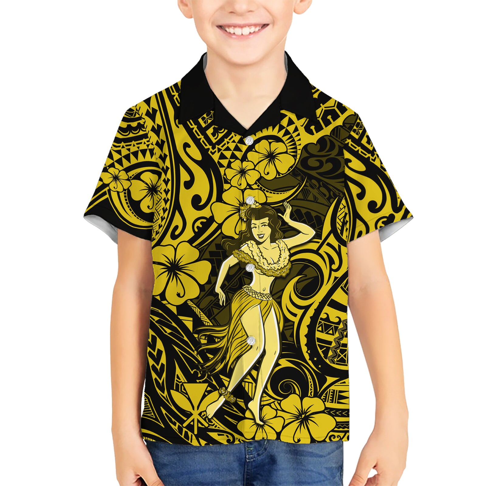 Hawaii Hula Girl Kid Hawaiian Shirt Hibiscus Hawaii Tribal Tattoo Yellow Version LT01 Kid Yellow - Polynesian Pride
