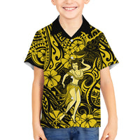 Hawaii Hula Girl Kid Hawaiian Shirt Hibiscus Hawaii Tribal Tattoo Yellow Version LT01 Kid Yellow - Polynesian Pride
