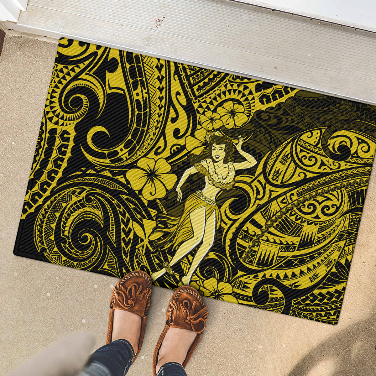 Hawaii Hula Girl Rubber Doormat Hibiscus Hawaii Tribal Tattoo Yellow Version LT01 - Polynesian Pride
