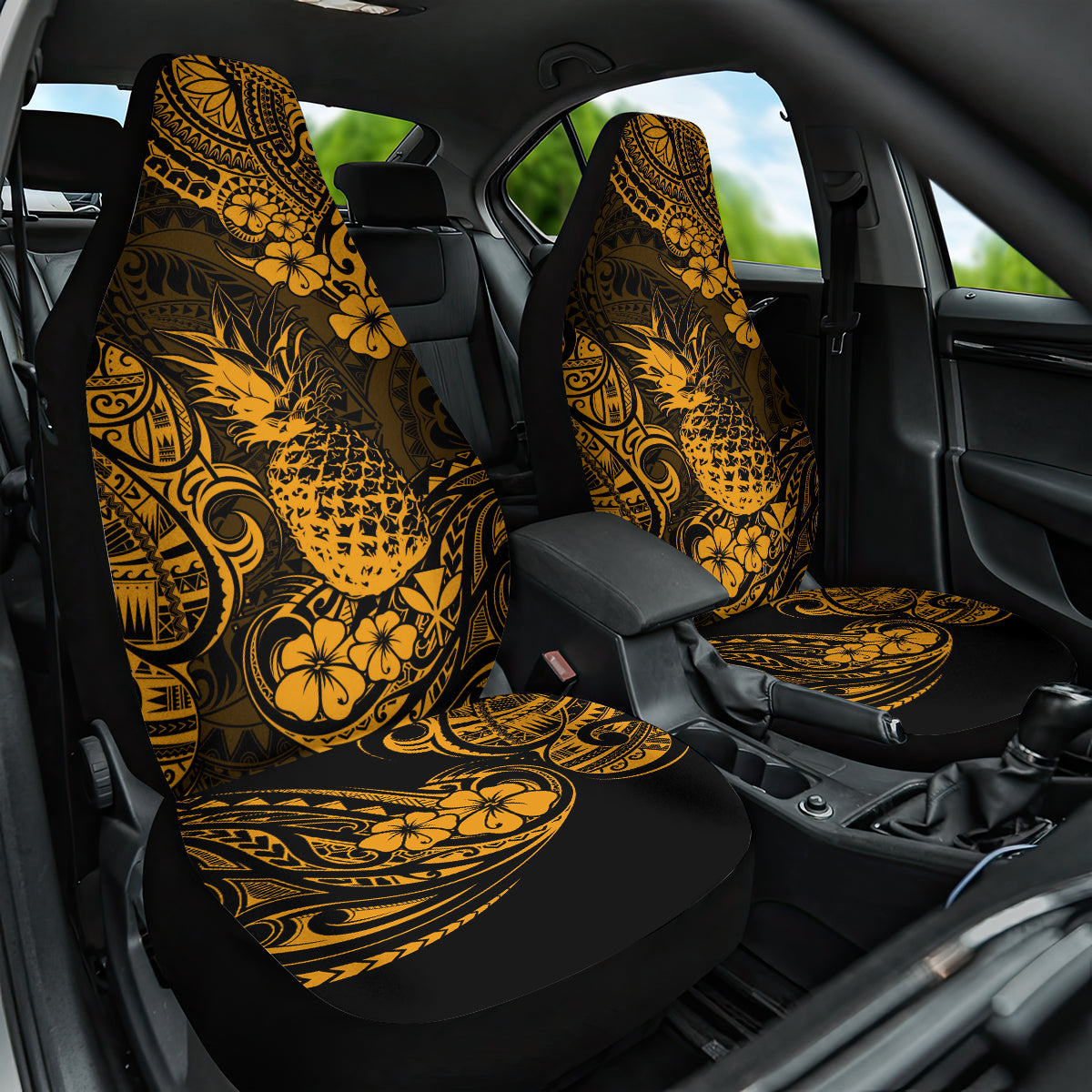 Hawaii Pineapple Car Seat Cover Paradise Flowers Pacific With Gold Polynesian Tribal LT01 One Size Gold - Polynesian Pride