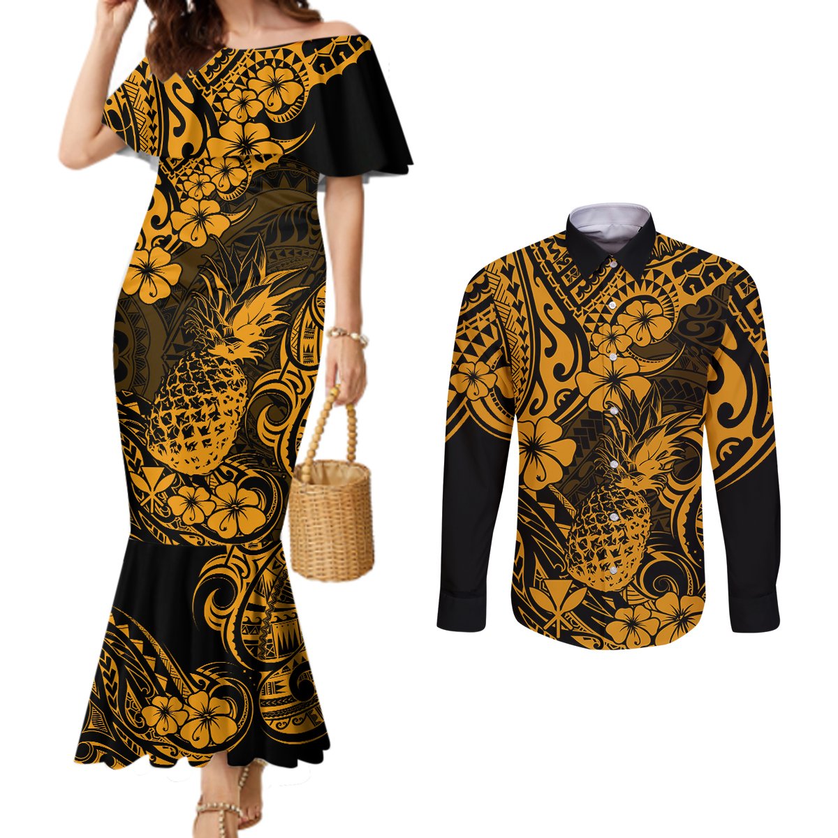 Hawaii Pineapple Couples Matching Mermaid Dress and Long Sleeve Button Shirts Paradise Flowers Pacific With Gold Polynesian Tribal LT01 Gold - Polynesian Pride
