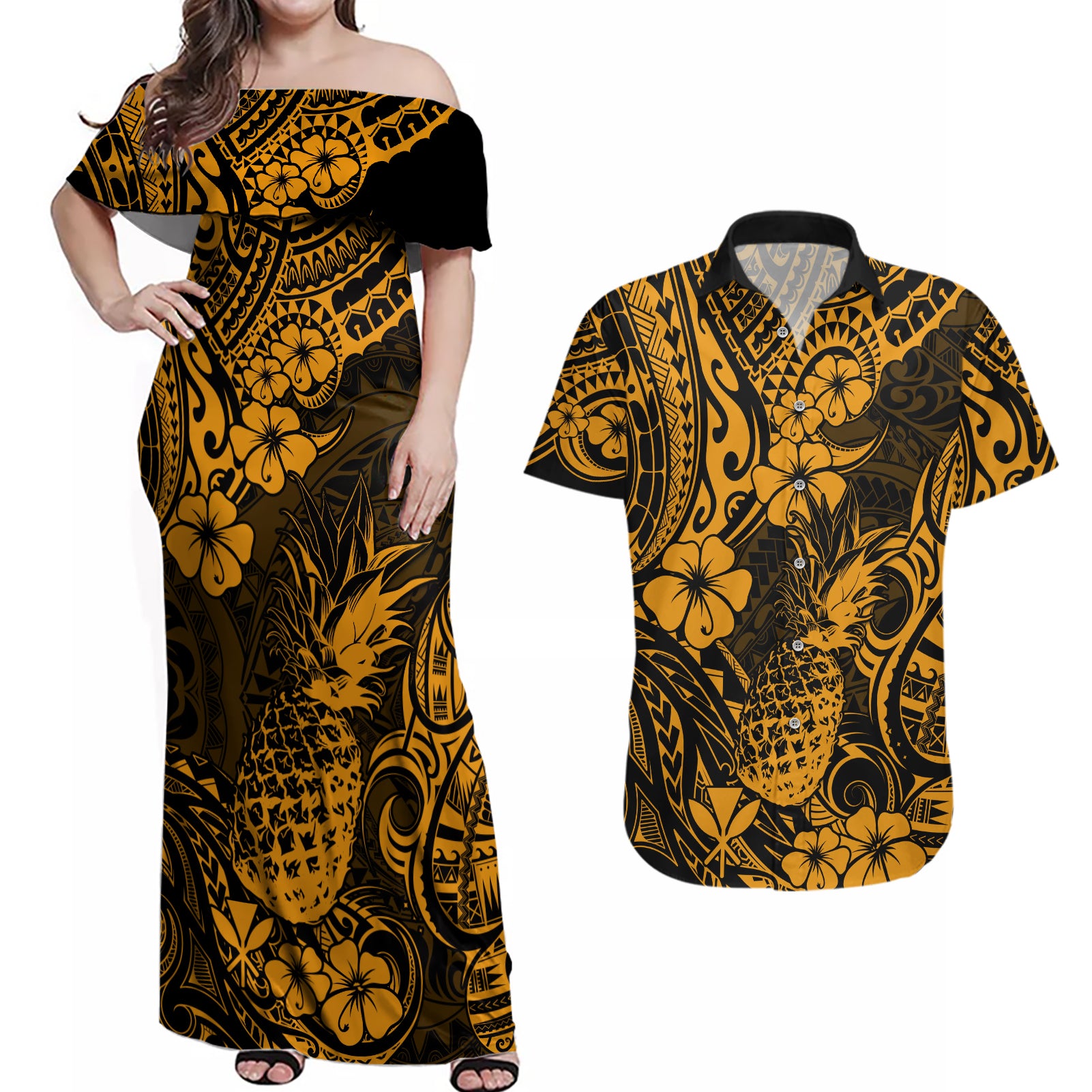 Hawaii Pineapple Couples Matching Off Shoulder Maxi Dress and Hawaiian Shirt Paradise Flowers Pacific With Gold Polynesian Tribal LT01 Gold - Polynesian Pride