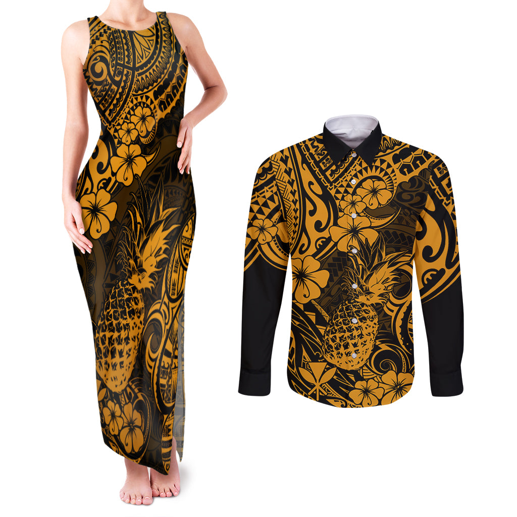 Hawaii Pineapple Couples Matching Tank Maxi Dress and Long Sleeve Button Shirts Paradise Flowers Pacific With Gold Polynesian Tribal LT01 Gold - Polynesian Pride