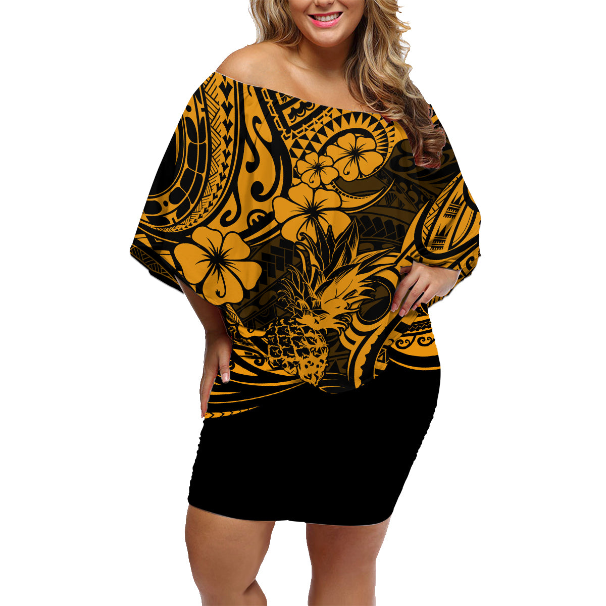 Hawaii Pineapple Family Matching Off Shoulder Short Dress and Hawaiian Shirt Paradise Flowers Pacific With Gold Polynesian Tribal LT01 Mom's Dress Gold - Polynesian Pride