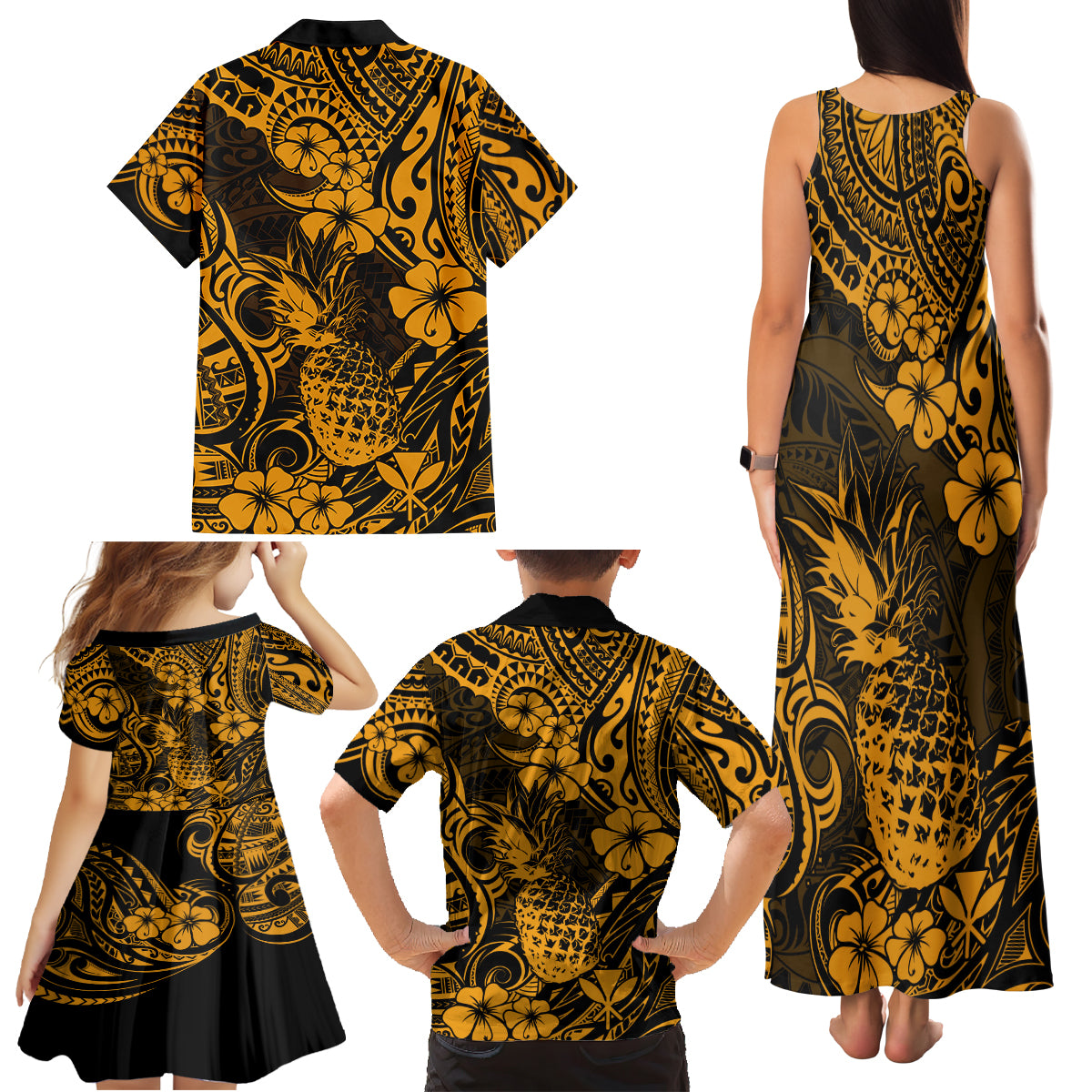 Hawaii Pineapple Family Matching Tank Maxi Dress and Hawaiian Shirt Paradise Flowers Pacific With Gold Polynesian Tribal LT01 - Polynesian Pride