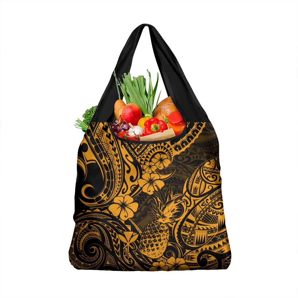 Hawaii Pineapple Grocery Bag Paradise Flowers Pacific With Gold Polynesian Tribal