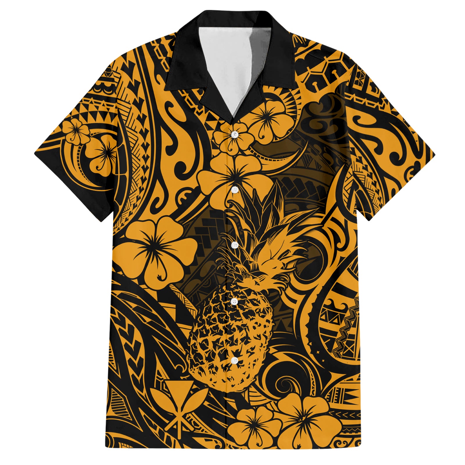 Hawaii Pineapple Hawaiian Shirt Paradise Flowers Pacific With Gold Polynesian Tribal LT01 Gold - Polynesian Pride