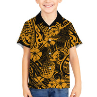 Hawaii Pineapple Kid Hawaiian Shirt Paradise Flowers Pacific With Gold Polynesian Tribal LT01 Kid Gold - Polynesian Pride