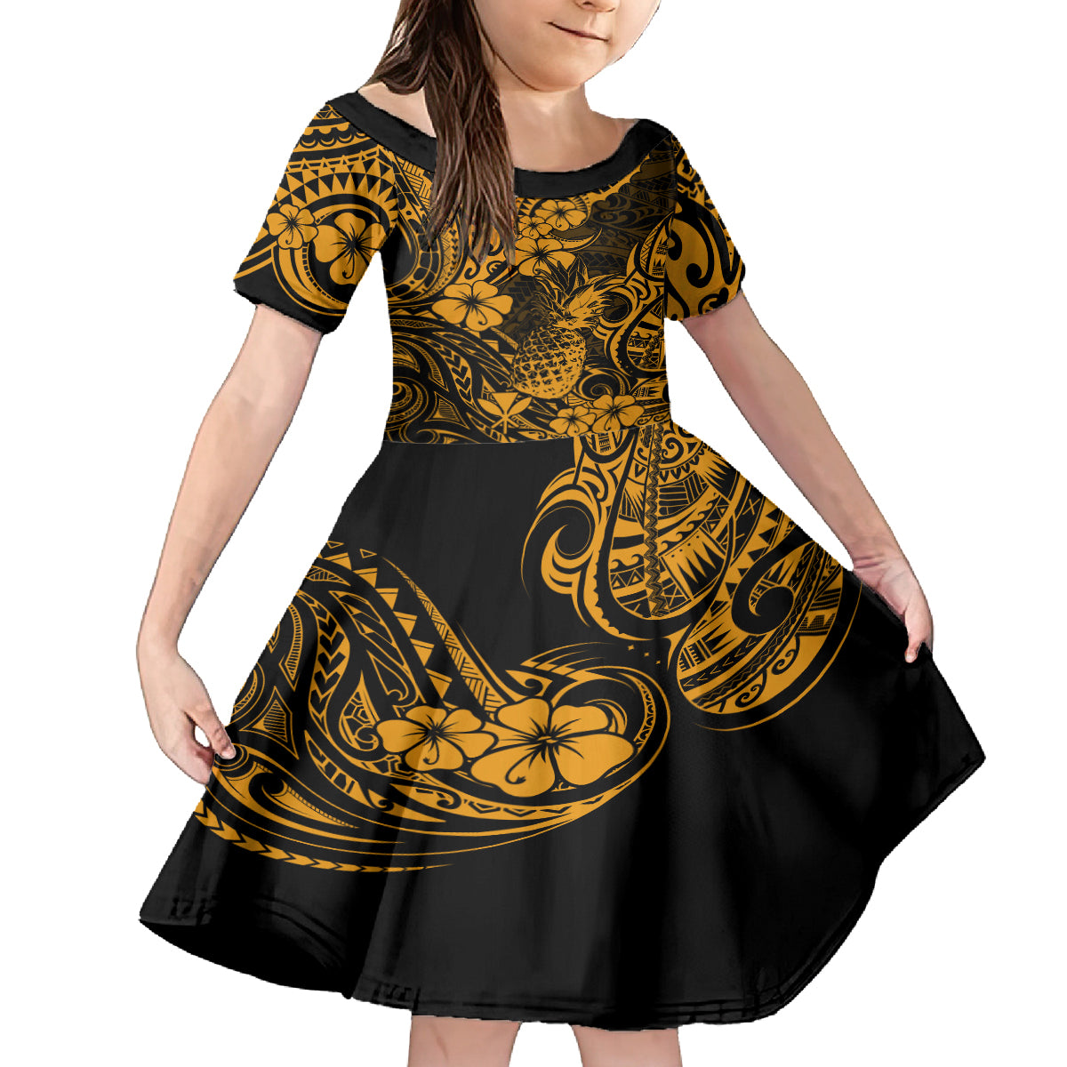 Hawaii Pineapple Kid Short Sleeve Dress Paradise Flowers Pacific With Gold Polynesian Tribal LT01 KID Gold - Polynesian Pride