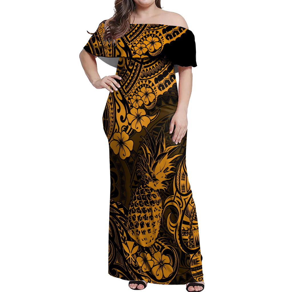 Hawaii Pineapple Off Shoulder Maxi Dress Paradise Flowers Pacific With Gold Polynesian Tribal LT01 Women Gold - Polynesian Pride