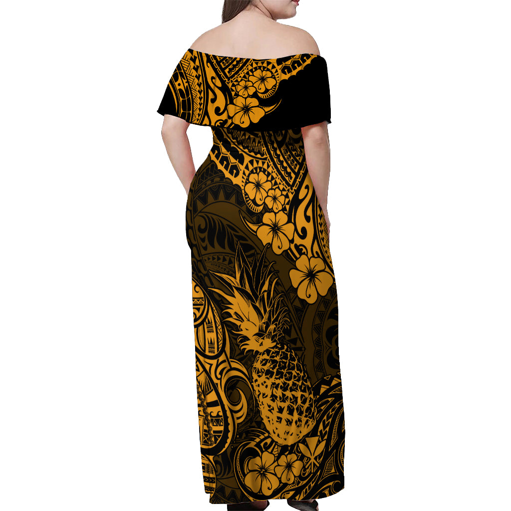 Hawaii Pineapple Off Shoulder Maxi Dress Paradise Flowers Pacific With Gold Polynesian Tribal LT01 - Polynesian Pride