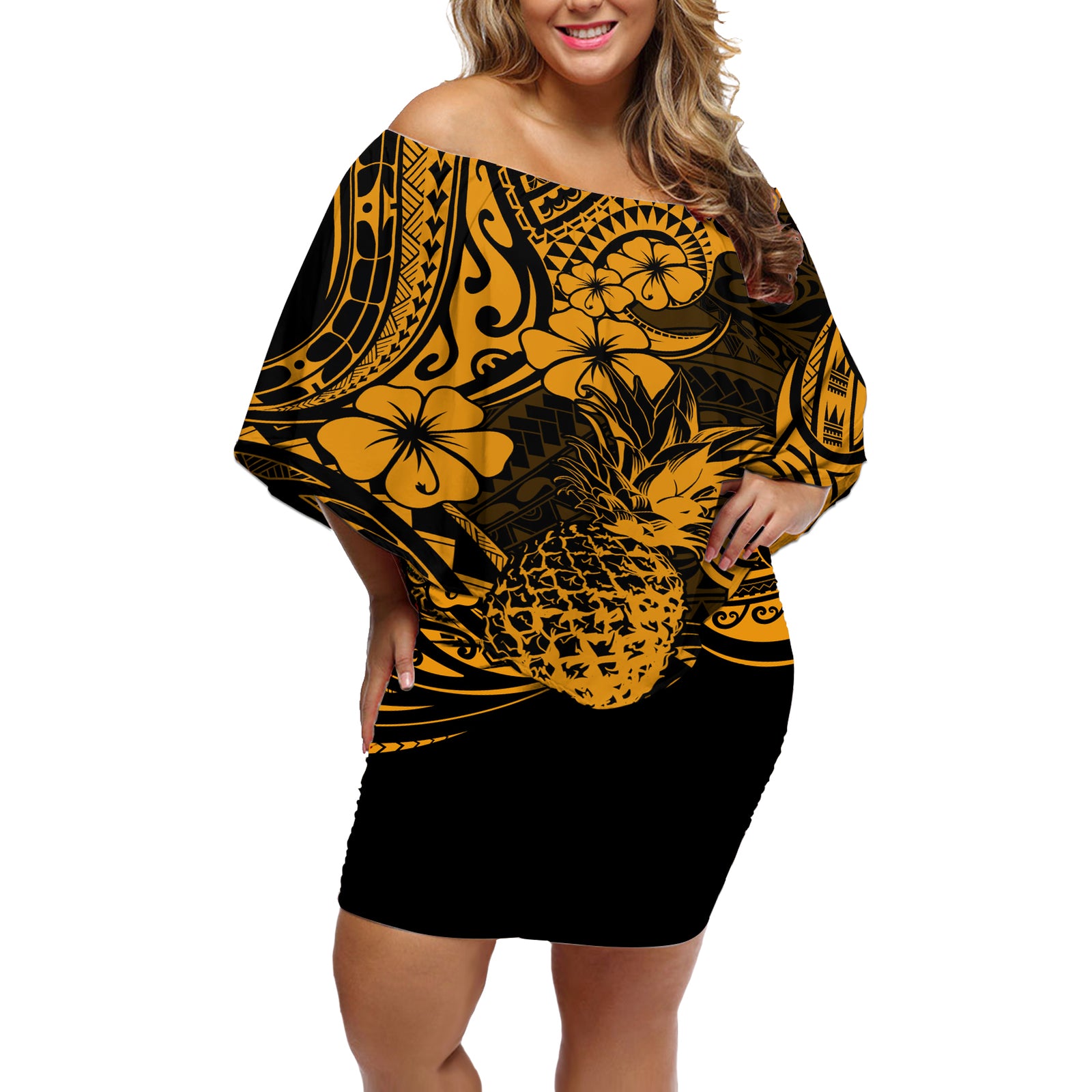 Hawaii Pineapple Off Shoulder Short Dress Paradise Flowers Pacific With Gold Polynesian Tribal LT01 Women Gold - Polynesian Pride