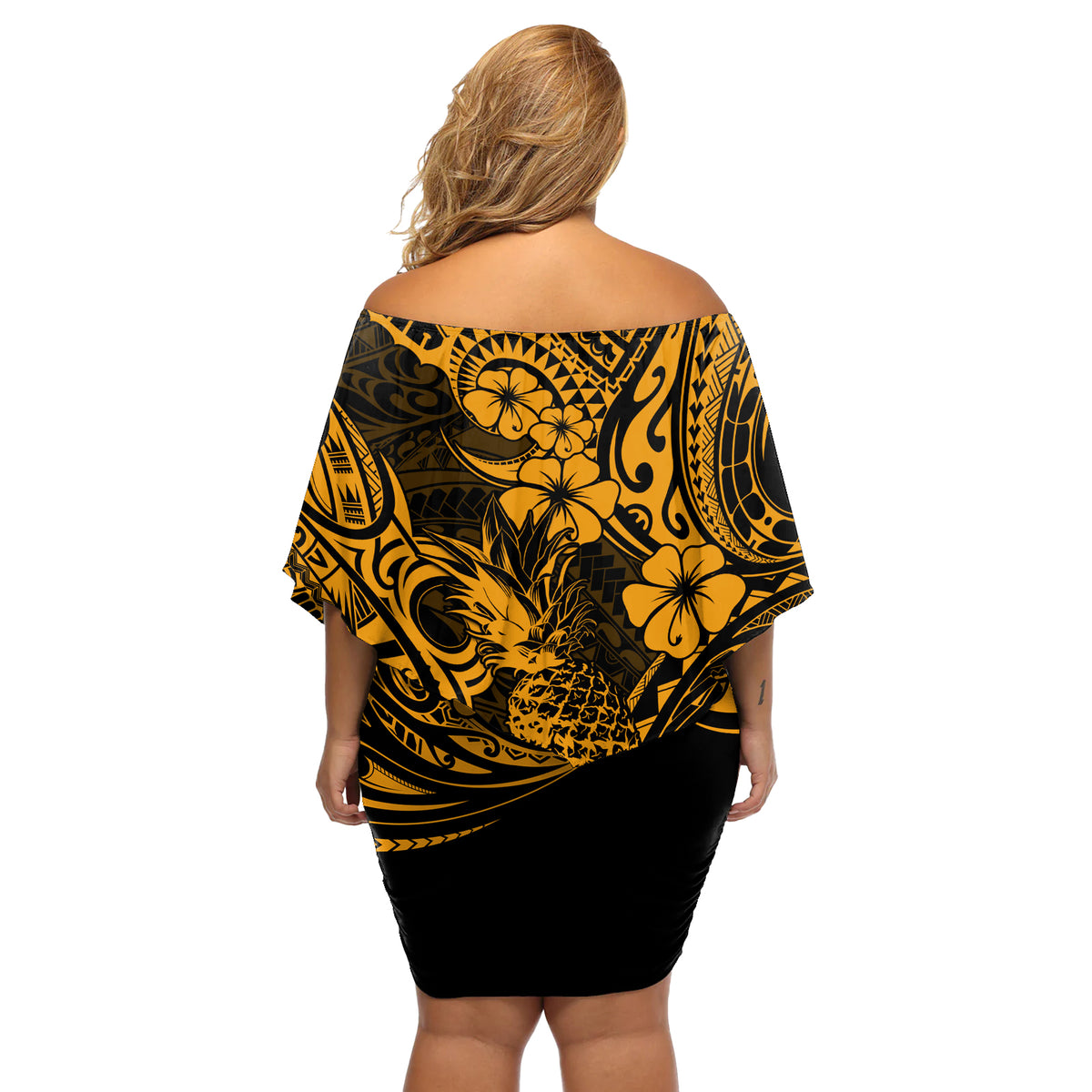 Hawaii Pineapple Off Shoulder Short Dress Paradise Flowers Pacific With Gold Polynesian Tribal LT01 - Polynesian Pride