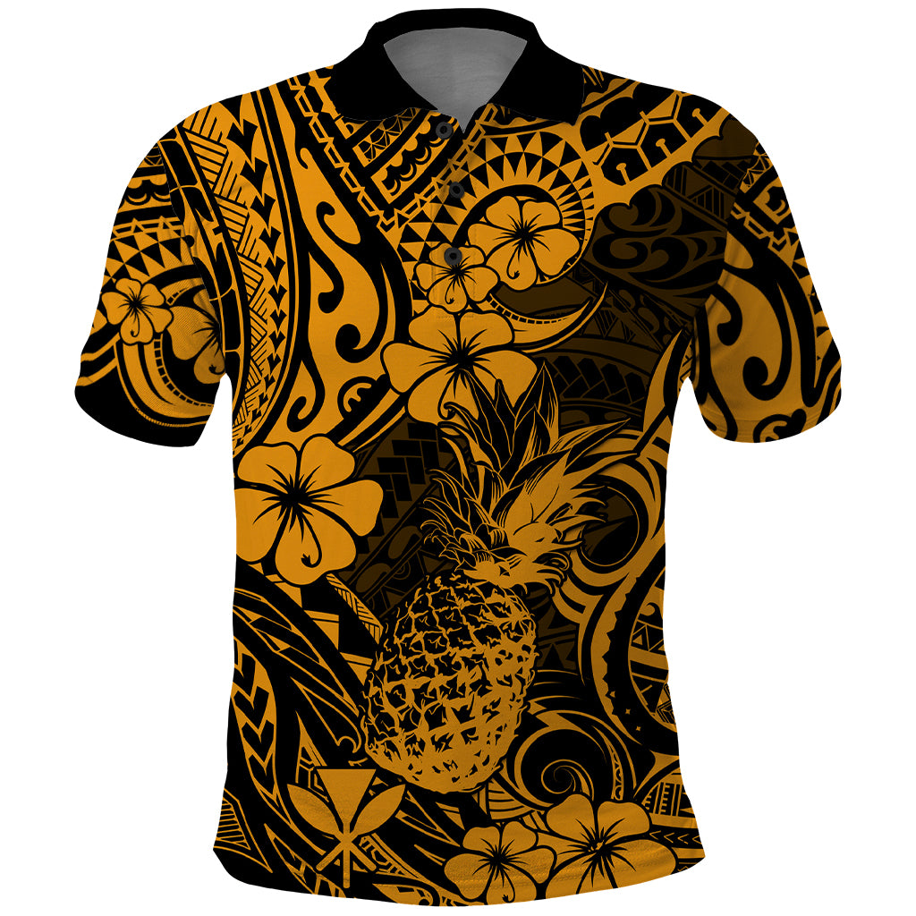 Hawaii Pineapple Polo Shirt Paradise Flowers Pacific With Gold Polynesian Tribal LT01 Gold - Polynesian Pride
