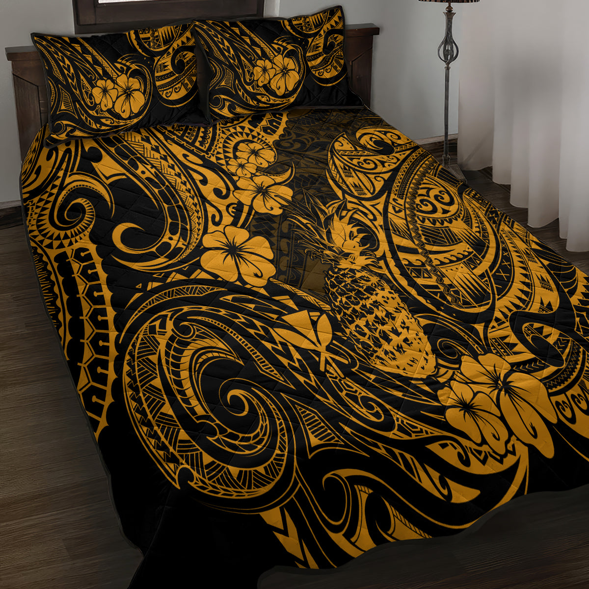 Hawaii Pineapple Quilt Bed Set Paradise Flowers Pacific With Gold Polynesian Tribal LT01 - Polynesian Pride