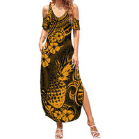 Hawaii Pineapple Summer Maxi Dress Paradise Flowers Pacific With Gold Polynesian Tribal LT01 Women Gold - Polynesian Pride