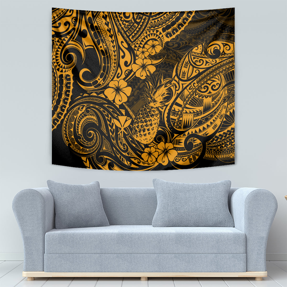 Hawaii Pineapple Tapestry Paradise Flowers Pacific With Gold Polynesian Tribal LT01 - Polynesian Pride