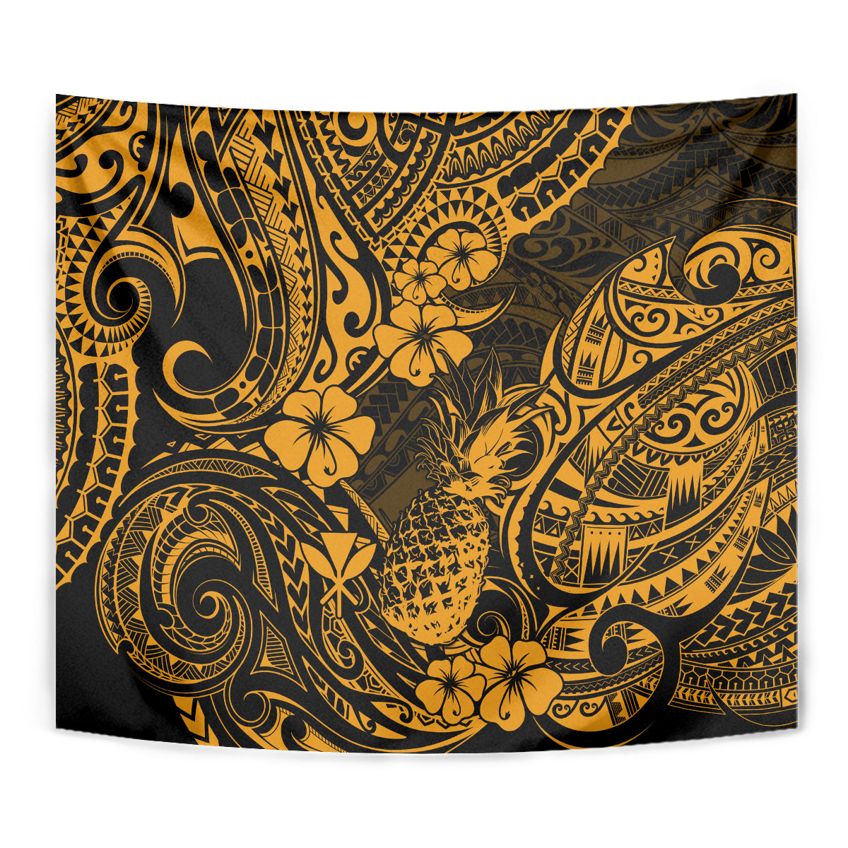 Hawaii Pineapple Tapestry Paradise Flowers Pacific With Gold Polynesian Tribal LT01 - Polynesian Pride