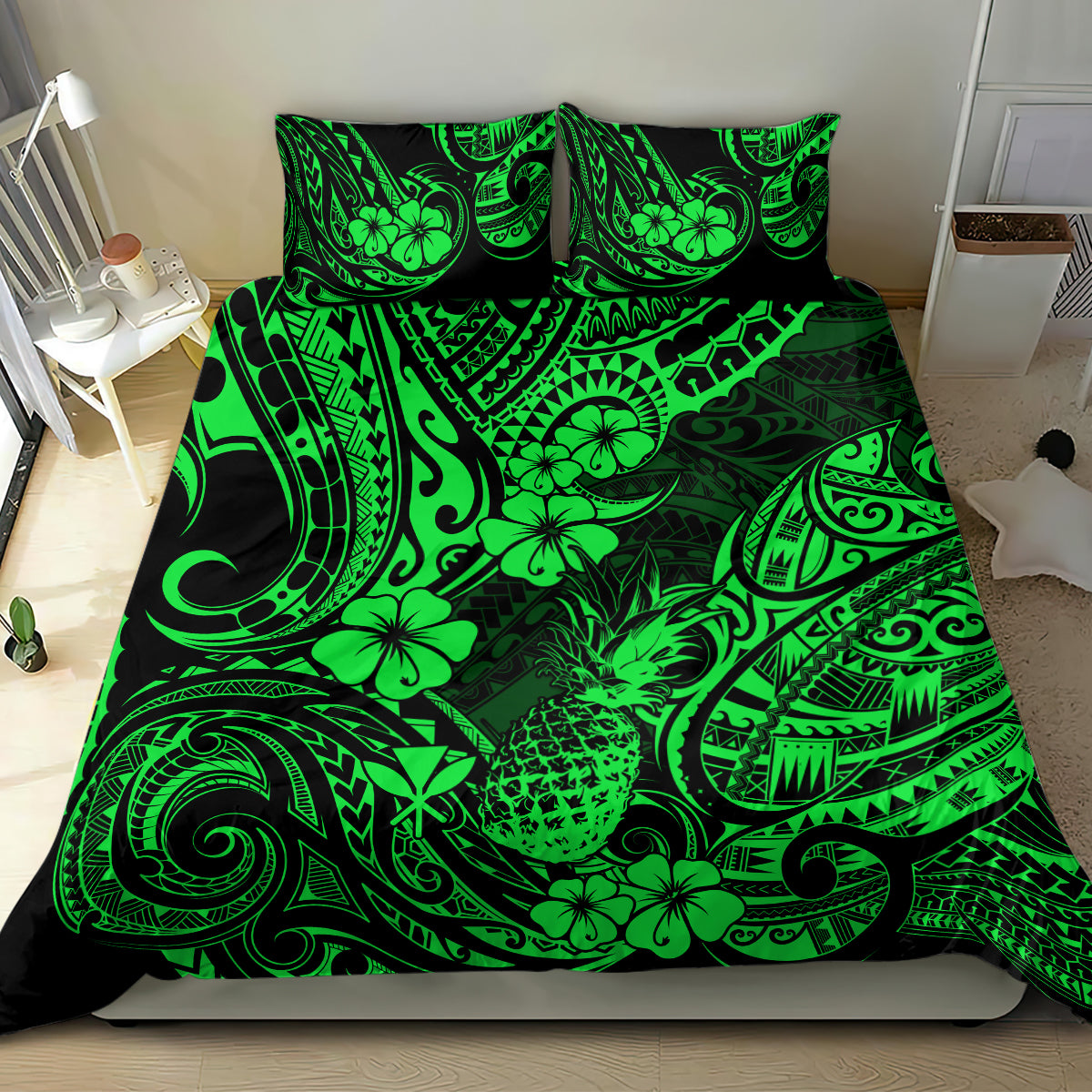 Hawaii Pineapple Bedding Set Paradise Flowers Pacific With Green Polynesian Tribal LT01 - Polynesian Pride
