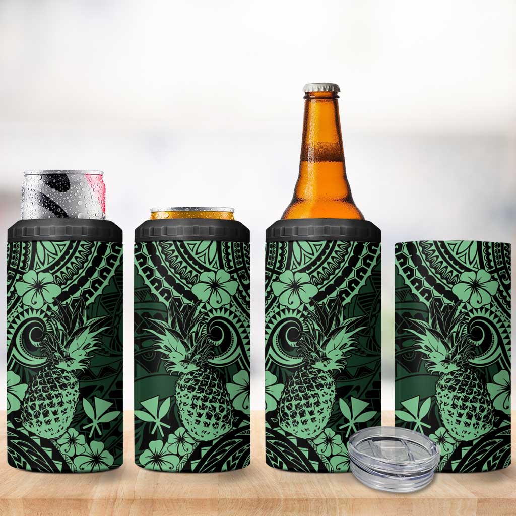 Hawaii Pineapple 4 in 1 Can Cooler Tumbler Paradise Flowers Pacific With Green Polynesian Tribal