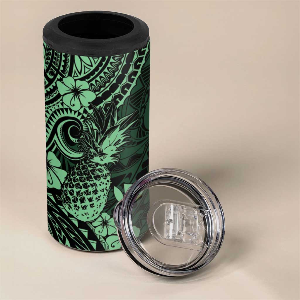 Hawaii Pineapple 4 in 1 Can Cooler Tumbler Paradise Flowers Pacific With Green Polynesian Tribal