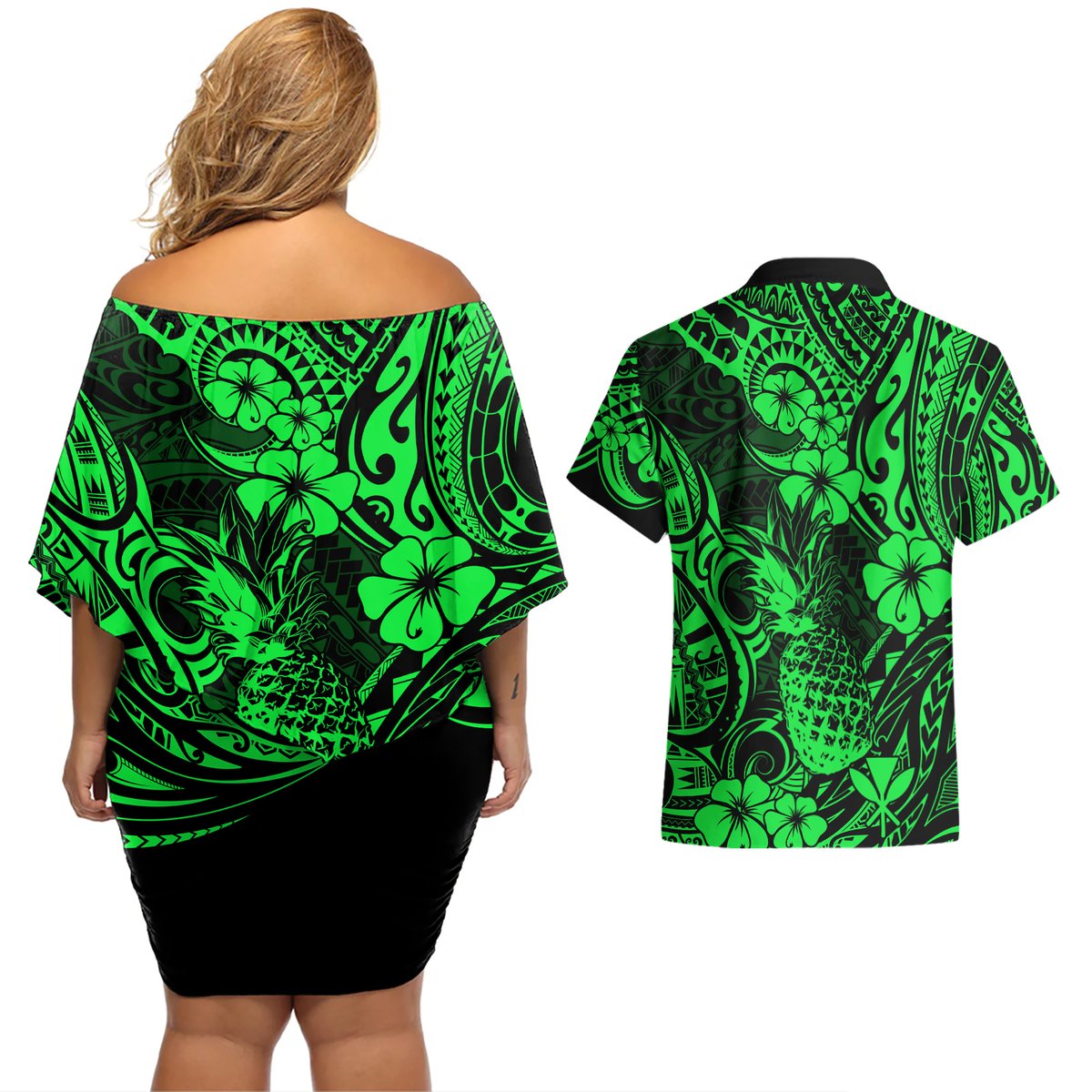 Hawaii Pineapple Couples Matching Off Shoulder Short Dress and Hawaiian Shirt Paradise Flowers Pacific With Green Polynesian Tribal LT01 - Polynesian Pride