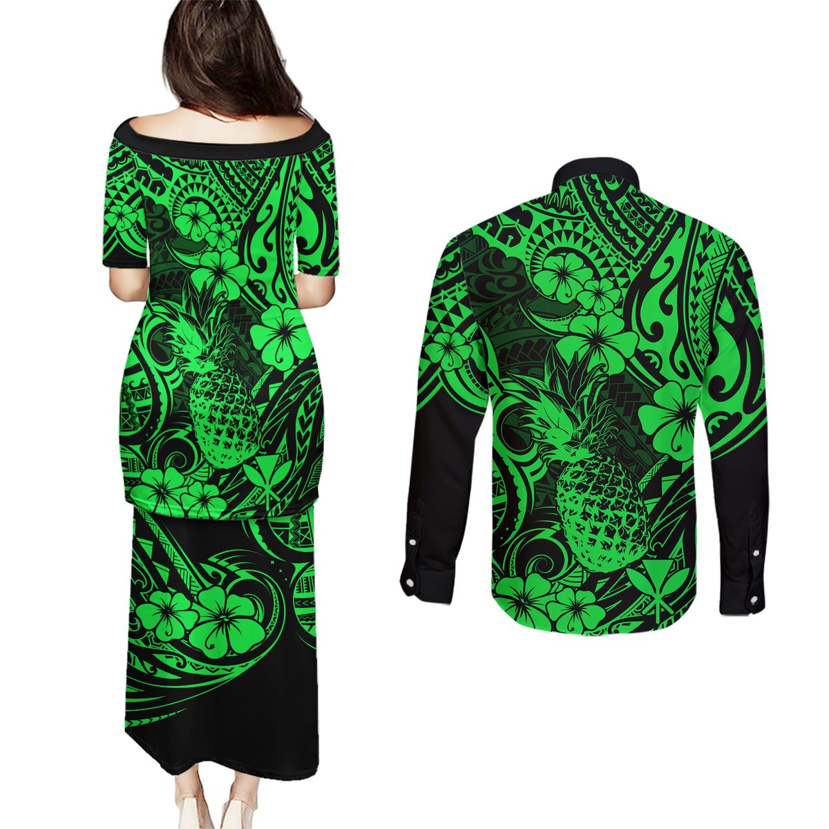 Hawaii Pineapple Couples Matching Puletasi Dress and Long Sleeve Button Shirts Paradise Flowers Pacific With Green Polynesian Tribal LT01 - Polynesian Pride