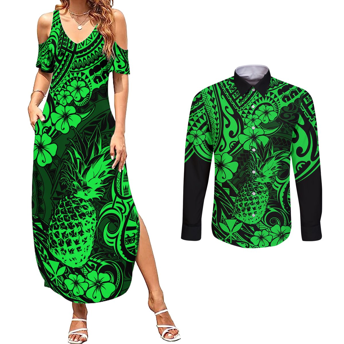 Hawaii Pineapple Couples Matching Summer Maxi Dress and Long Sleeve Button Shirts Paradise Flowers Pacific With Green Polynesian Tribal LT01 Green - Polynesian Pride