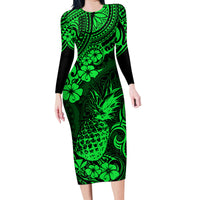 Hawaii Pineapple Family Matching Long Sleeve Bodycon Dress and Hawaiian Shirt Paradise Flowers Pacific With Green Polynesian Tribal LT01 Mom's Dress Green - Polynesian Pride