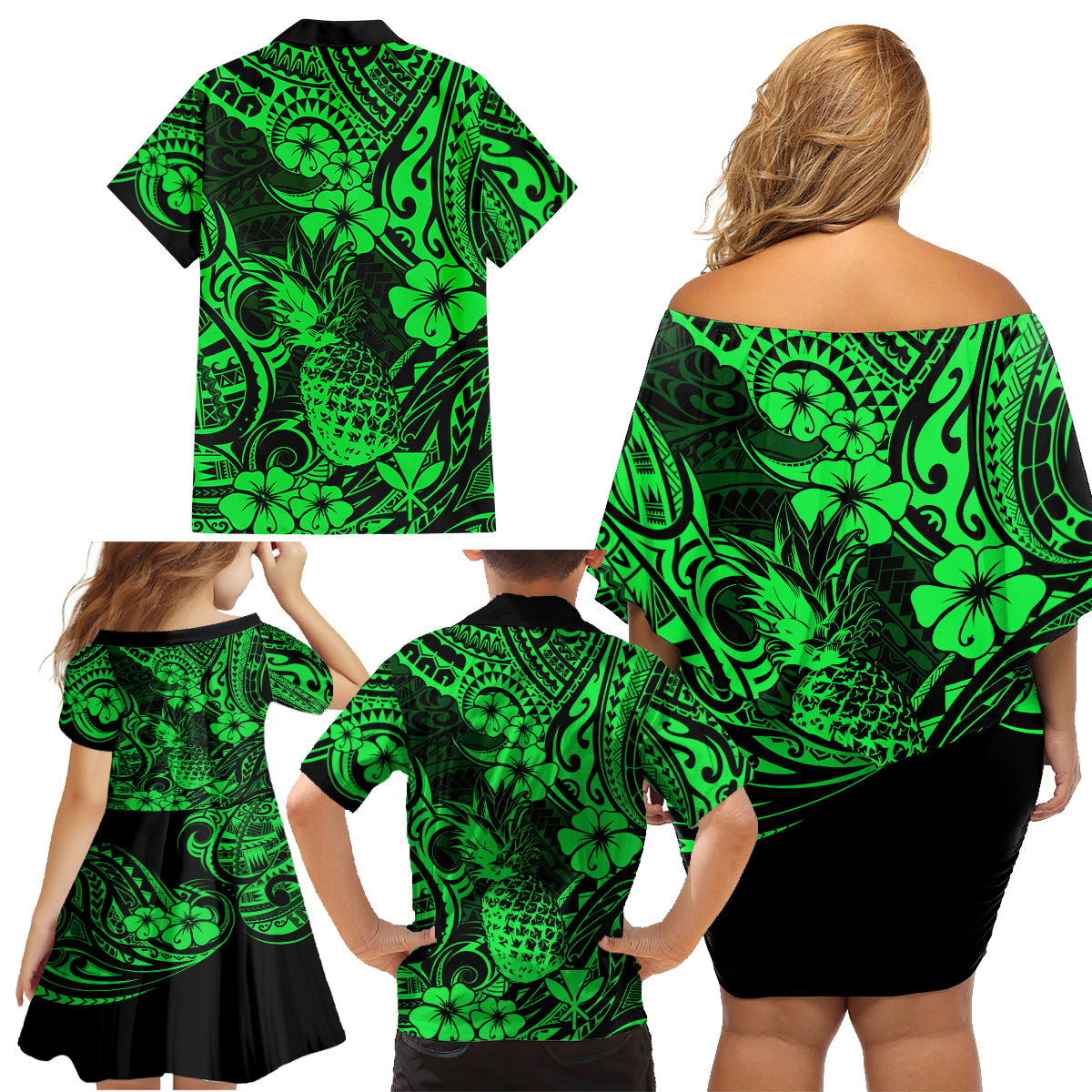 Hawaii Pineapple Family Matching Off Shoulder Short Dress and Hawaiian Shirt Paradise Flowers Pacific With Green Polynesian Tribal LT01 - Polynesian Pride