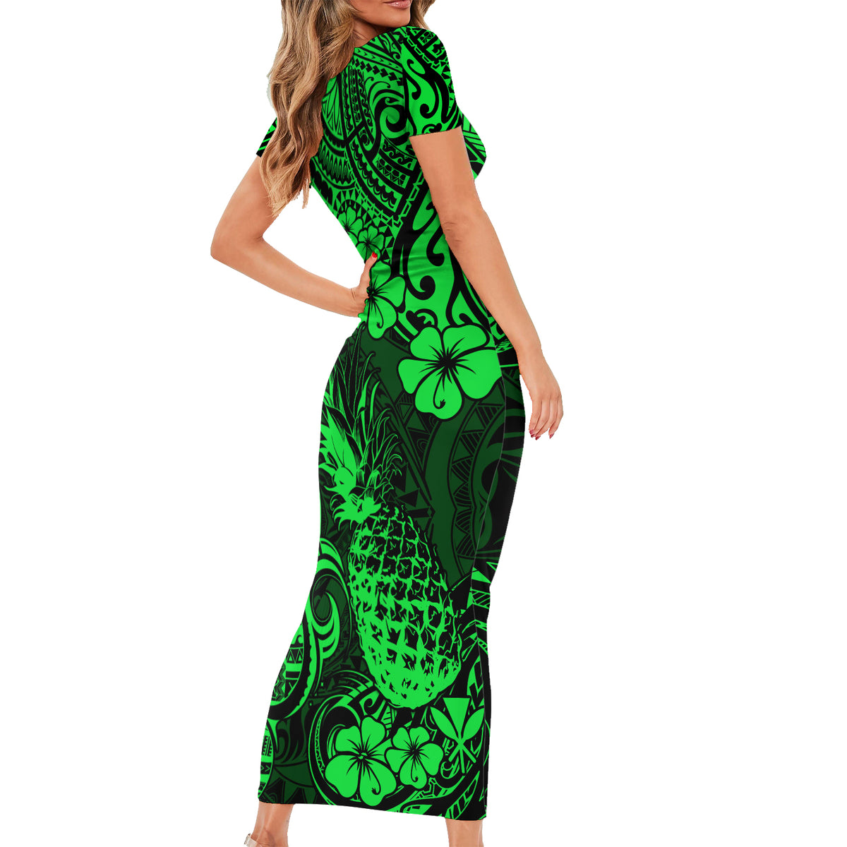 Hawaii Pineapple Family Matching Short Sleeve Bodycon Dress and Hawaiian Shirt Paradise Flowers Pacific With Green Polynesian Tribal LT01 - Polynesian Pride