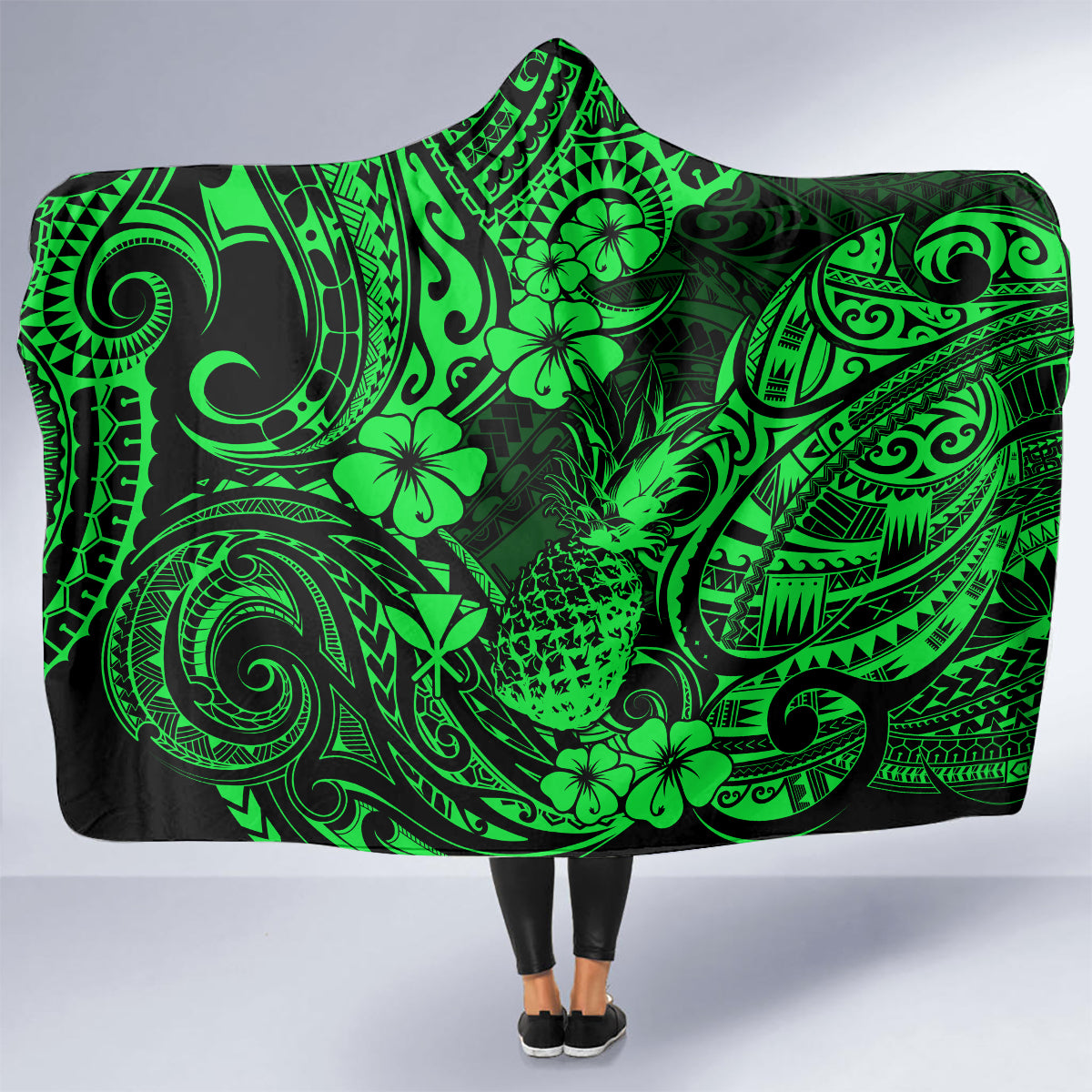 Hawaii Pineapple Hooded Blanket Paradise Flowers Pacific With Green Polynesian Tribal LT01 - Polynesian Pride