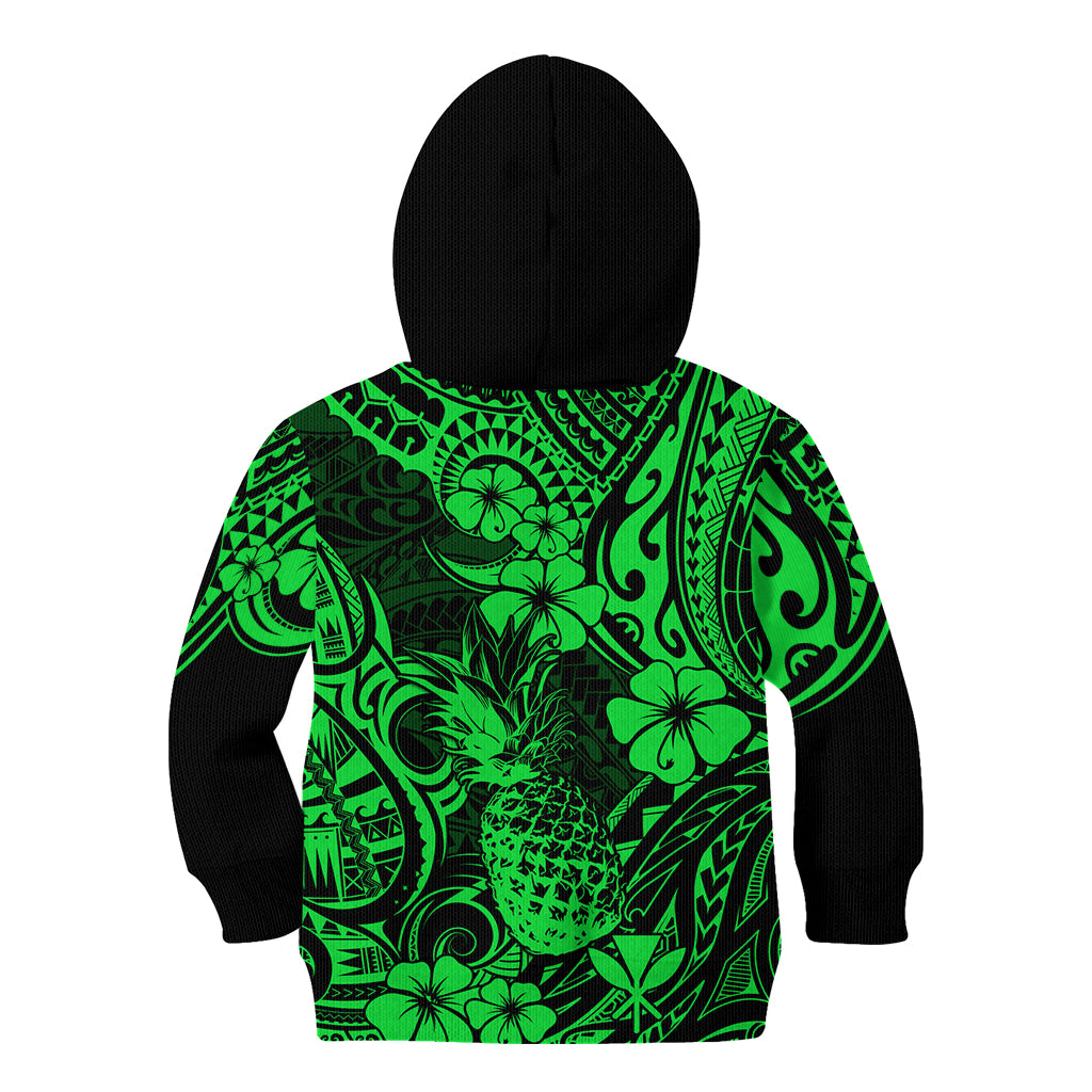 Hawaii Pineapple Kid Hoodie Paradise Flowers Pacific With Green Polynesian Tribal LT01 - Polynesian Pride