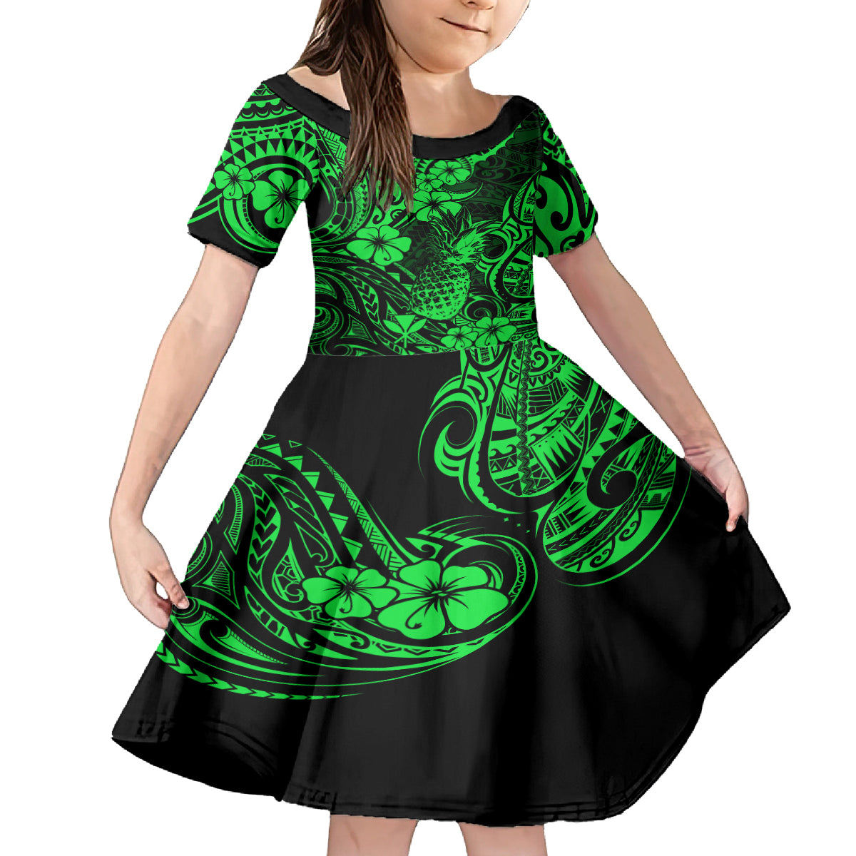 Hawaii Pineapple Kid Short Sleeve Dress Paradise Flowers Pacific With Green Polynesian Tribal LT01 KID Green - Polynesian Pride