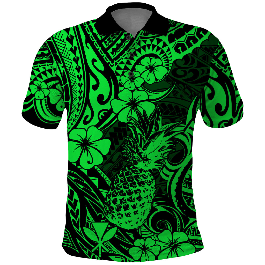 Hawaii Pineapple Polo Shirt Paradise Flowers Pacific With Green Polynesian Tribal LT01 Green - Polynesian Pride