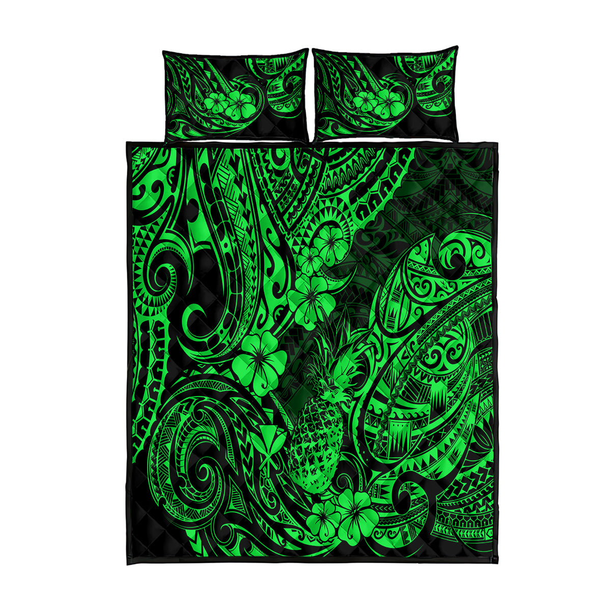 Hawaii Pineapple Quilt Bed Set Paradise Flowers Pacific With Green Polynesian Tribal LT01 Green - Polynesian Pride