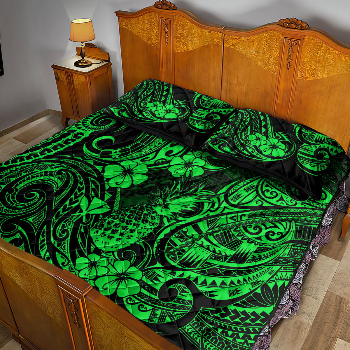 Hawaii Pineapple Quilt Bed Set Paradise Flowers Pacific With Green Polynesian Tribal LT01 - Polynesian Pride
