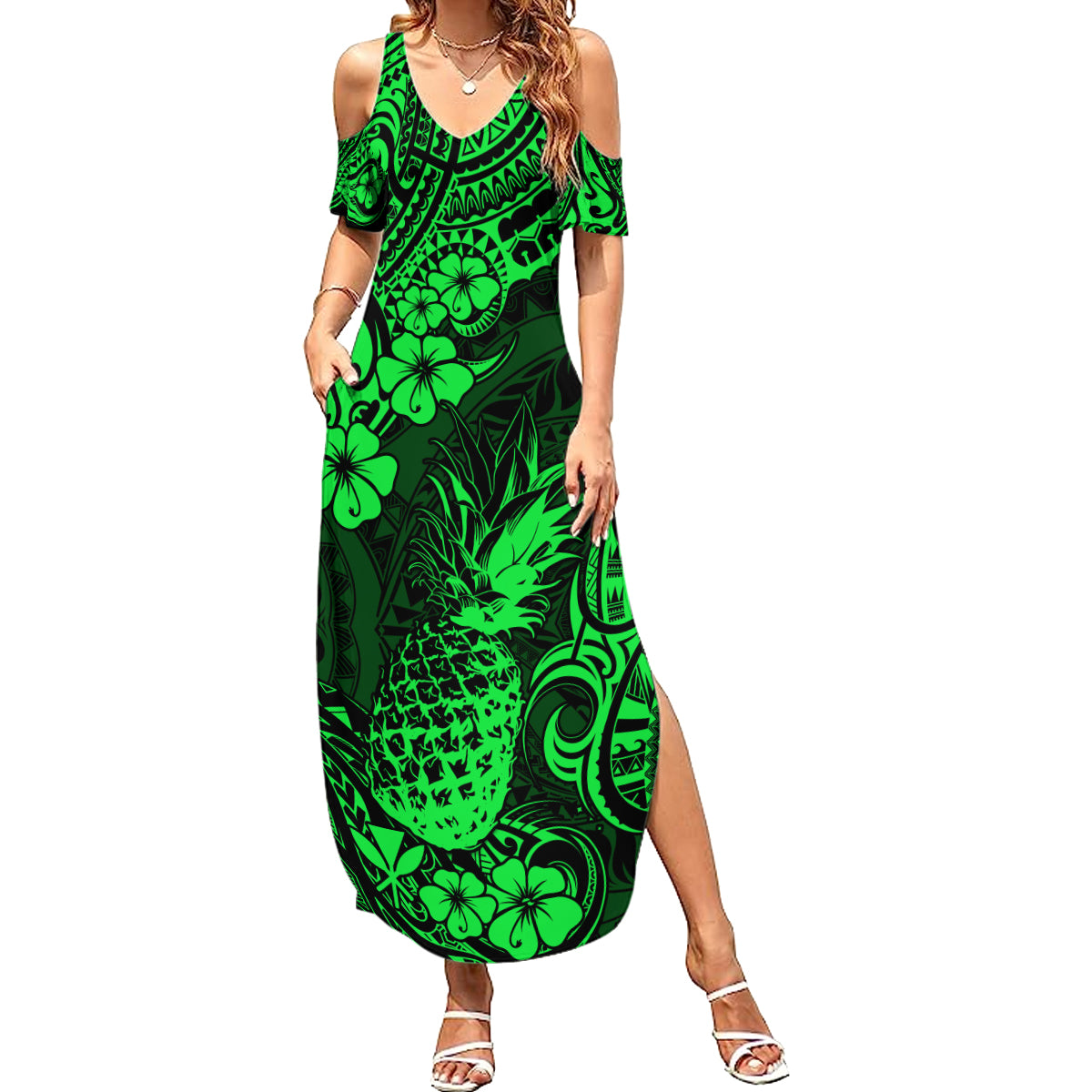 Hawaii Pineapple Summer Maxi Dress Paradise Flowers Pacific With Green Polynesian Tribal LT01 Women Green - Polynesian Pride