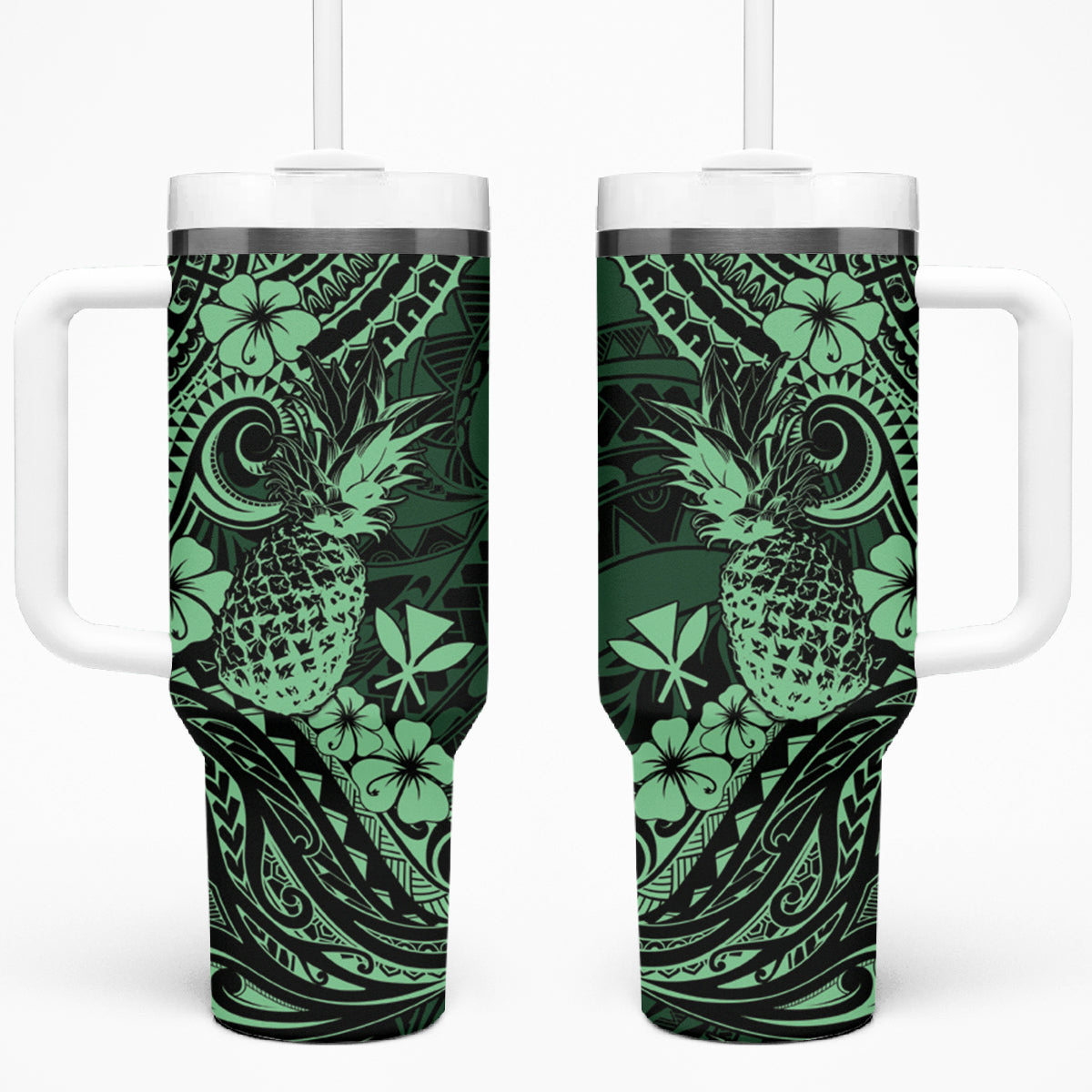 Hawaii Pineapple Tumbler With Handle Paradise Flowers Pacific With Green Polynesian Tribal