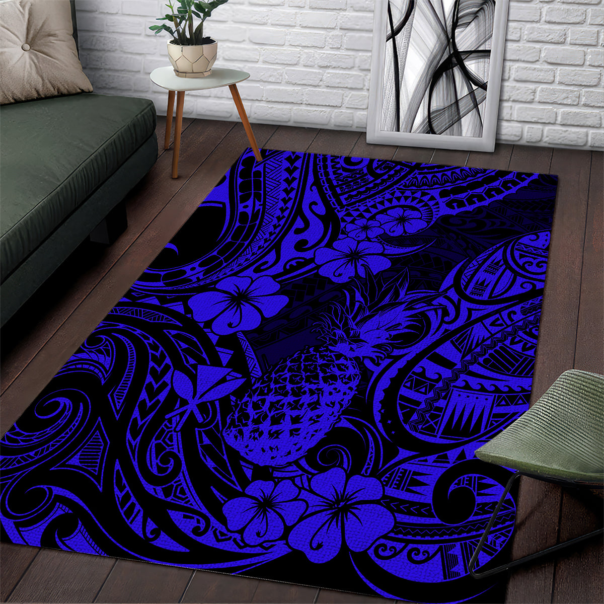 Hawaii Pineapple Area Rug Paradise Flowers Pacific With Navy Blue Polynesian Tribal LT01 Blue - Polynesian Pride