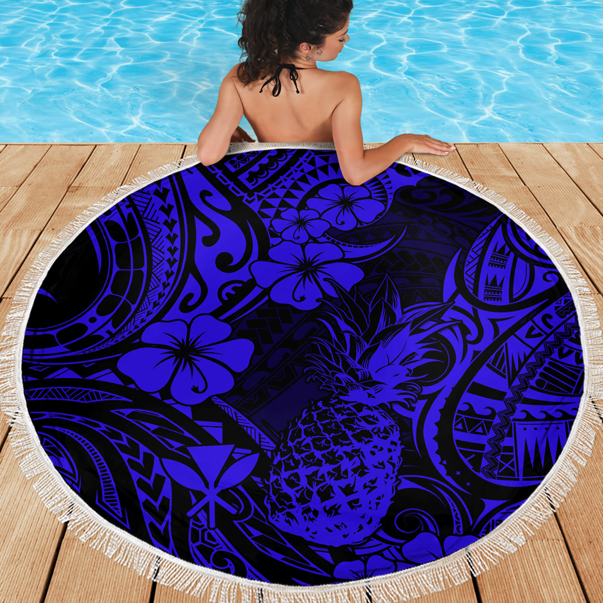 Hawaii Pineapple Beach Blanket Paradise Flowers Pacific With Navy Blue Polynesian Tribal LT01 - Wonder Print Shop