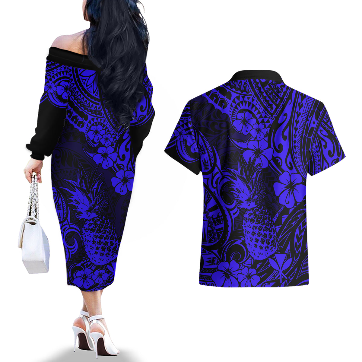 Hawaii Pineapple Couples Matching Off The Shoulder Long Sleeve Dress and Hawaiian Shirt Paradise Flowers Pacific With Navy Blue Polynesian Tribal LT01 - Polynesian Pride