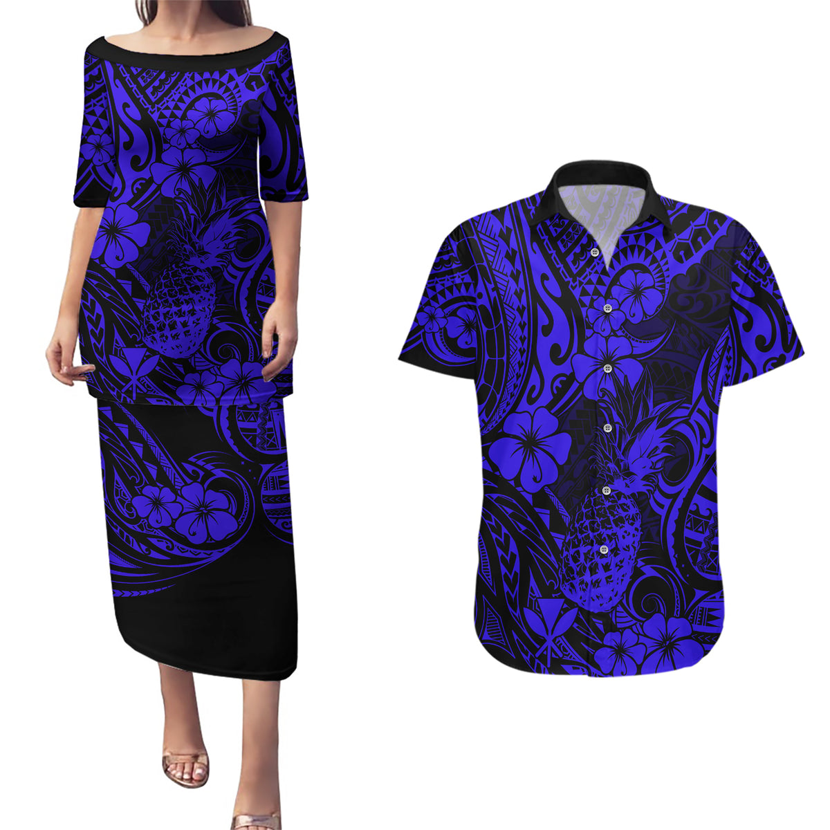 Hawaii Pineapple Couples Matching Puletasi Dress and Hawaiian Shirt Paradise Flowers Pacific With Navy Blue Polynesian Tribal LT01 Blue - Polynesian Pride