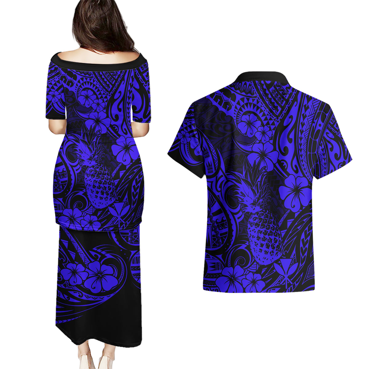 Hawaii Pineapple Couples Matching Puletasi Dress and Hawaiian Shirt Paradise Flowers Pacific With Navy Blue Polynesian Tribal LT01 - Polynesian Pride